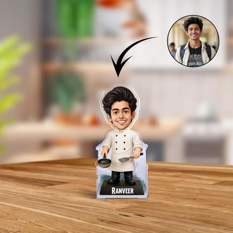 Personalized Male Chef Bobblehead Caricature Standee Custom with Face Cutout with Name Unique Cooking Gift for Professionals and Home Cooks, Multicolor Battery Powered Moving Head